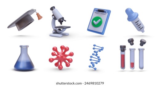 Set of science elements graduation cap, microscope, clipboard, flask, bacteria, DNA, test tube, eyadropper in 3d realistic style. Vector illustration