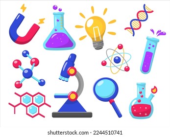 Set Satz wissenschaftlicher Elemente, Vektorgrafik mit süßem Design einzeln auf weißem Hintergrund