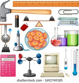 Set of science equipments on white background illustration