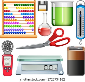 Set of science equipments on white background illustration