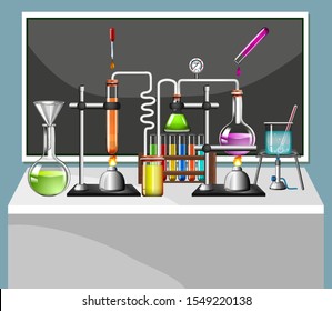 Set of science equipments in school lab illustration