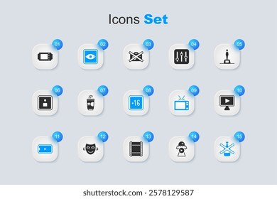 Set Science fiction, Paper glass with water, Rating movie, Online play video, No alcohol, Cinema ticket and Plus 16 icon. Vector