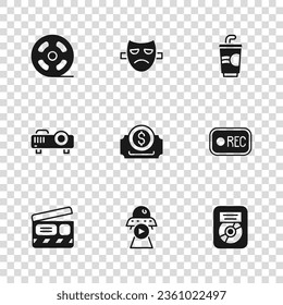 Set Science fiction, Record button, CD disk award in frame, Cinema ticket, Paper glass with water, Film reel, Drama theatrical mask and Movie, film, media projector icon. Vector