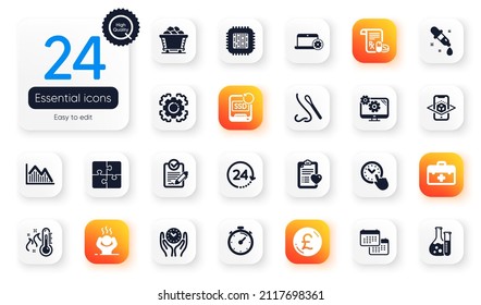 Juego de iconos planos de la ciencia. 24 horas, dinero y elementos Rfp para aplicación web. Iconos de realidad aumentada, termómetro alto. Laboratorio de química, Calendario, elementos del carro del carbón. Vector