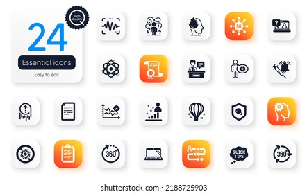 Set of Science flat icons. Cogwheel, Voice wave and Atom elements for web application. Journey path, Certificate, Quick tips icons. Exhibitors, Checklist, 360 degree elements. Inspect. Vector