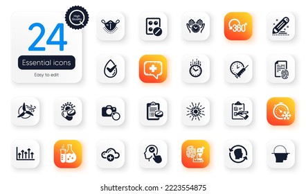 Set von Science-Flachikonen. Fingerabdruck-Recherche, Cloud-Computing und Safe-Time-Elemente für Webanwendungen. Medizinische Maske, Markenvertrag, Benutzersymbole auswählen. ärztliche Verschreibung. Vektorgrafik