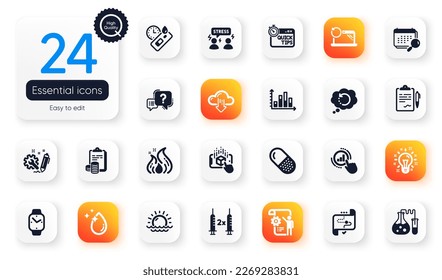 Set of Science flat icons. Fire energy, Smartwatch and Augmented reality elements for web application. Clipboard, Diagram graph, Cloud download icons. Question mark, Difficult stress. Vector