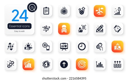Set of Science flat icons. Seo gear, Computer fingerprint and Evaporation elements for web application. Dollar rate, Presentation, Freezing click icons. Gear, Diagram graph. Vector
