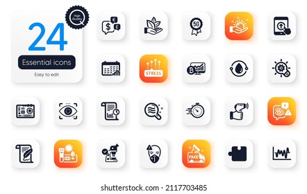 Set of Science flat icons. Sunny weather, Report and Stress elements for web application. Medical mask, Bitcoin chart, Calendar graph icons. Skin condition, Electronic thermometer. Vector