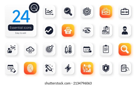 Set von Science-Flachikonen. Thermometer-, Report- und Voice-Wave-Elemente für Webanwendungen. Dokumentbox, Audit, Fingerabdruck-Symbole. Medizinische Spritze, Ereignisklick, Energiebestandteile. Vektorgrafik