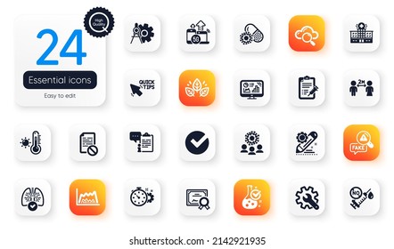 Set Of Science Flat Icons. Vaccine Report, Wrong File And Trade Chart Elements For Web Application. Fake News, Social Distancing, Verify Icons. Project Edit, Analytics Graph. Vector