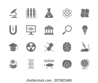 Set of Science Grey Icons. School Globe, Professor, Evolution, Dna and more.