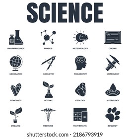 Set of Science icon logo vector illustration. meteorology, medicine, geometry, gemology, botany, zoology, philosophy and more pack symbol template for graphic and web design collection