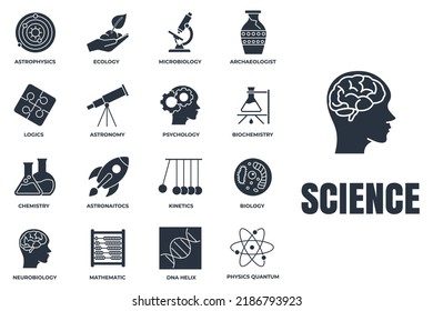 Set of Science icon logo vector illustration. biology, chemistry, Neurobiology, physics, microbiology, logics, astronomy and more pack symbol template for graphic and web design collection