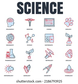 Set of Science icon logo vector illustration. biology, chemistry, Neurobiology, physics, microbiology, logics, astronomy and more pack symbol template for graphic and web design collection