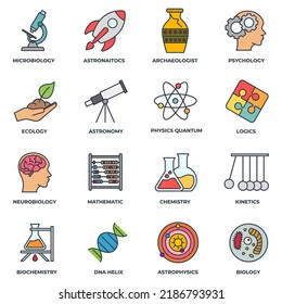 Set of Science icon logo vector illustration. biology, chemistry, Neurobiology, physics, microbiology, logics, astronomy and more pack symbol template for graphic and web design collection