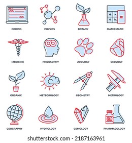 Set of Science icon logo vector illustration. meteorology, medicine, geometry, gemology, botany, zoology, philosophy and more pack symbol template for graphic and web design collection