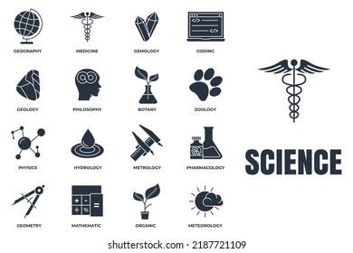 Set of Science icon logo vector illustration. meteorology, medicine, geometry, gemology, botany, zoology, philosophy and more pack symbol template for graphic and web design collection