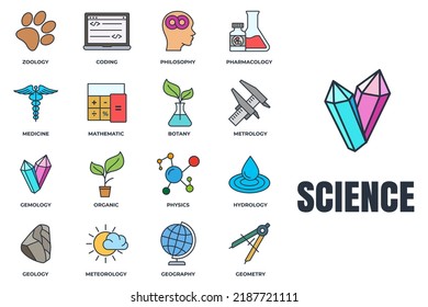 Set of Science icon logo vector illustration. meteorology, medicine, geometry, gemology, botany, zoology, philosophy and more pack symbol template for graphic and web design collection