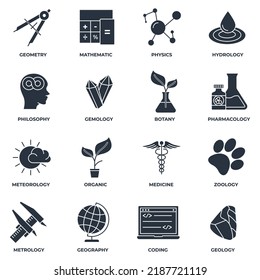 Set of Science icon logo vector illustration. meteorology, medicine, geometry, gemology, botany, zoology, philosophy and more pack symbol template for graphic and web design collection