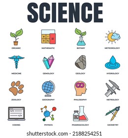 Set of Science icon logo vector illustration. meteorology, medicine, geometry, gemology, botany, zoology, philosophy and more pack symbol template for graphic and web design collection
