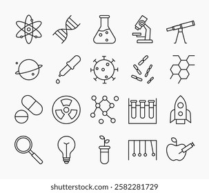 Set of science icon in simple thin line. Collection of icons related to research, including chemical tube, magnifying glass, medicine, microscope, bacteria, space, binoculars, etc. Editable stroke