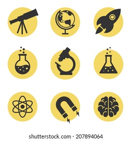 Set of science icons, black silhouettes on the yellow circles. Astronomy, chemistry, physics, maths. 