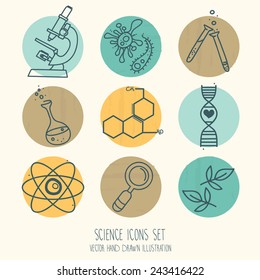 Set Of Science Icons In Hand Drawn Cartoon Style, Vector Illustration