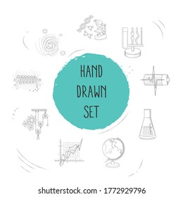 Set of science icons line style symbols with hydraulics, chemical bulb, geographic globe and other icons for your web mobile app logo design.