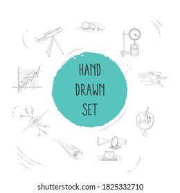 Set of science icons line style symbols with experiments in physics, speed comparison, optical physics and other icons for your web mobile app logo design.