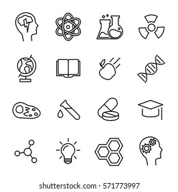 Set of science icons in modern thin line style. High quality black outline education symbols for web site design and mobile apps. Simple science pictograms on a white background.