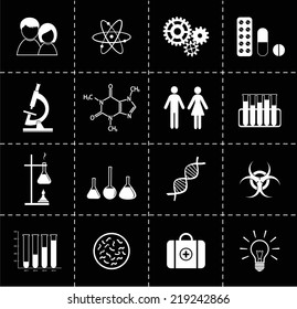 Set of science icons on a black background.