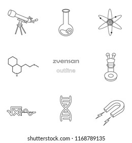 A set of science icons, in the style of a flat design. Icon collection: telescope, bulb, atom, molecule, microscope, formula, DNA, magnet. Vector illustration isolated on white background. The outline