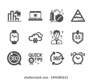 Set of Science icons, such as 360 degrees, Pyramid chart, Smartwatch, Ph neutral, Quick tips, 360 degree, Medical drugs, Support consultant, Decreasing graph, Alarm clock, Snow weather. Vector