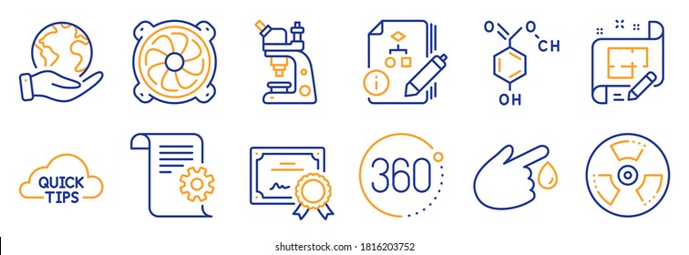 Set of Science icons, such as 360 degrees, Chemical hazard. Certificate, save planet. Microscope, Chemical formula, Algorithm. Computer fan, Blood donation, Technical documentation. Vector
