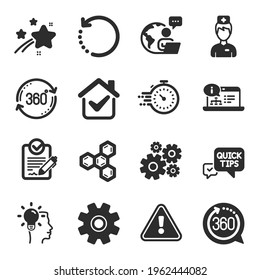 Set of Science icons, such as 360 degrees, Service, Cogwheel symbols. Online documentation, Doctor, Chemical formula signs. Rfp, Idea, Timer. Quick tips, Full rotation, Recovery data. Vector