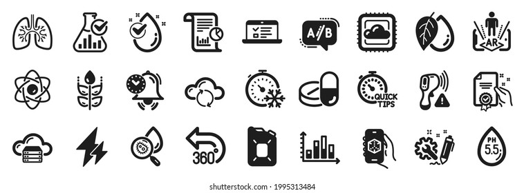 Set of Science icons, such as 3d app, Electricity, Diagram graph icons. Engineering, Canister oil, Time management signs. Quick tips, Cloud server, Web lectures. Cloud computing, Atom core. Vector