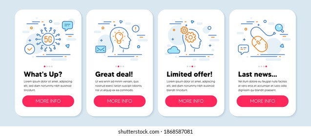 Set of Science icons, such as 5g technology, Thoughts, Idea head symbols. Mobile screen banners. Computer mouse line icons. Wireless communication, Business work, Lightbulb. Pc device. Vector