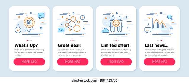 Set Of Science Icons, Such As 5g Technology, Employees Teamwork, Integrity Symbols. Mobile Screen App Banners. Investment Graph Line Icons. Quality Wi-fi, Collaboration, Social Network. Vector