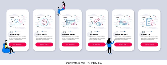 Set of Science icons, such as 5g internet, Time management, Electricity plug icons. UI phone app screens with teamwork. Web report, Windy weather, Medical analyzes line symbols. Vector