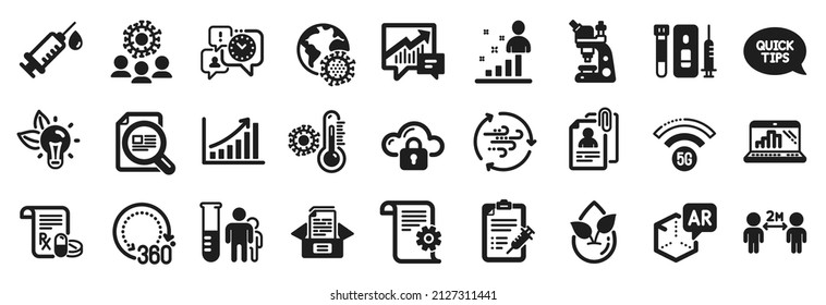 Set of Science icons, such as 5g wifi, Blood and saliva test, Documents box icons. Time management, Microscope, Quickstart guide signs. Coronavirus, Graph chart, Coronavirus pandemic. Vector