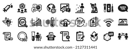 Set of Science icons, such as 5g wifi, Blood and saliva test, Documents box icons. Time management, Microscope, Quickstart guide signs. Coronavirus, Graph chart, Coronavirus pandemic. Vector