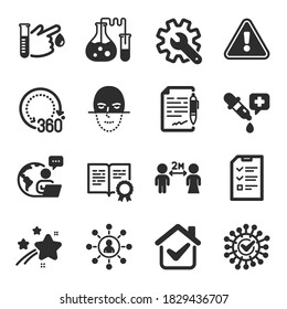 Set of Science icons, such as Agreement document, Chemistry lab, Certificate symbols. Networking, Coronavirus, Customisation signs. Chemistry pipette, 360 degrees, Interview flat icons. Vector