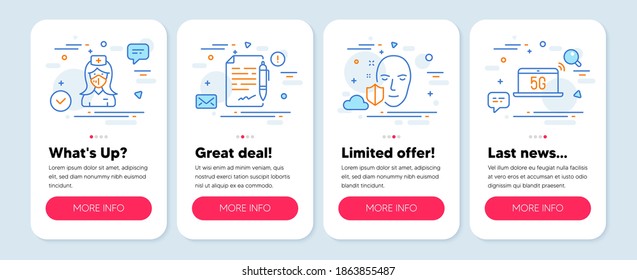 Set of Science icons, such as Agreement document, Face protection, Nurse symbols. Mobile screen mockup banners. 5g notebook line icons. Legal contract, Secure access, Medical mask. Vector