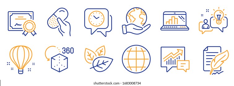 Set of Science icons, such as Air balloon, Clock. Certificate, save planet. Idea, Feather signature, Organic tested. Accounting, Graph laptop, Capsule pill. Augmented reality, Globe line icons. Vector