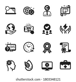 Set of Science icons, such as Architectural plan, Online quiz. Certificate, approved group, save planet. Engineering, Augmented reality, First aid. Recovery laptop, 24 hours, Seo gear. Vector