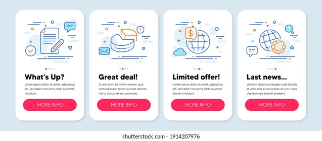Juego de iconos de la ciencia, como Artículo, Gráfico circular, Símbolos del dinero mundial. Banners de simulación de pantalla móvil. Iconos de la línea de globo. Comentarios, gráfico 3d, mercados globales. Configuración de Internet. Icono de artículo. Vector