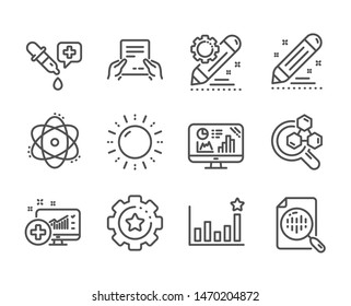 Set of Science icons, such as Atom, Receive file, Brand contract, Chemistry lab, Medical analytics, Analytics chart, Project edit, Efficacy, Chemistry pipette, Sun energy, Settings gear. Vector