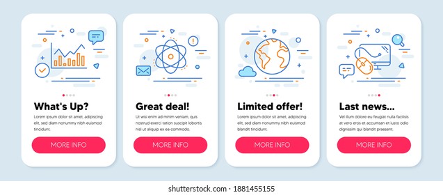 Set of Science icons, such as Atom, World planet, Infochart symbols. Mobile screen banners. Computer mouse line icons. Electron, Internet business, Stock exchange. Pc component. Atom icons. Vector
