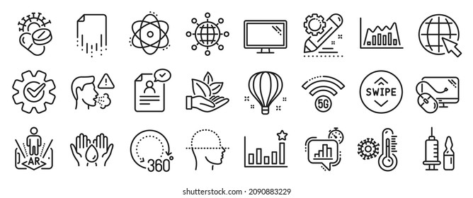 Set of Science icons, such as Atom, Internet, Augmented reality icons. 5g wifi, Safe water, Recovery file signs. Project edit, Organic product, Monitor. Statistics timer, Resume document. Vector